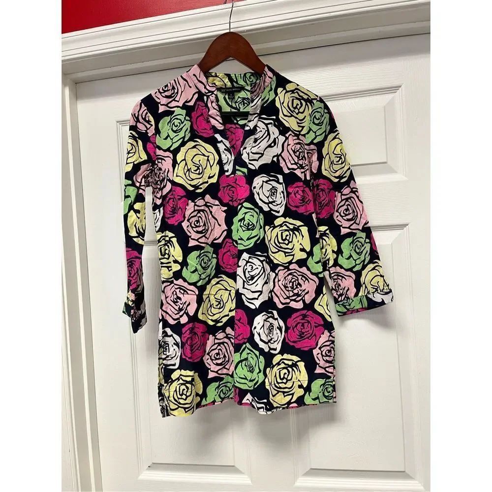 346 Brooks Brothers Black Floral Tunic Top sz S